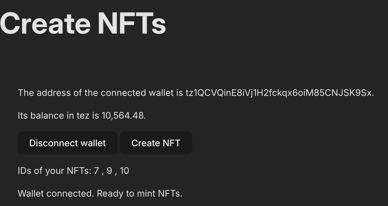 The application showing the IDs of the owned NFTs